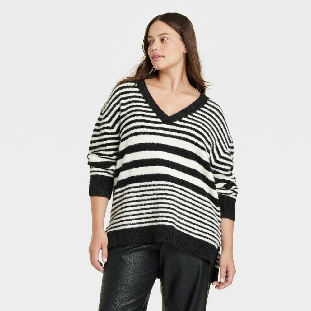 Ava & Viv Sweater Stripe Black Fuzzy VNeck Pullover Tunic NWT